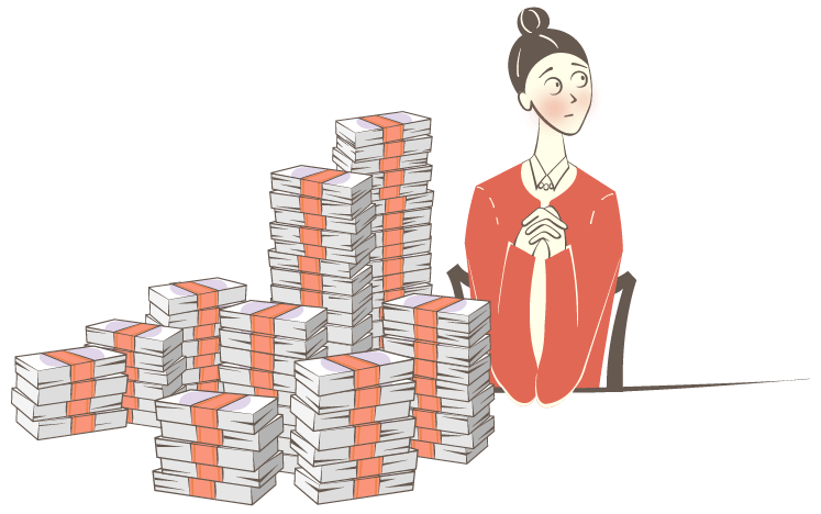 Anxious British woman sitting next to a pile of money
