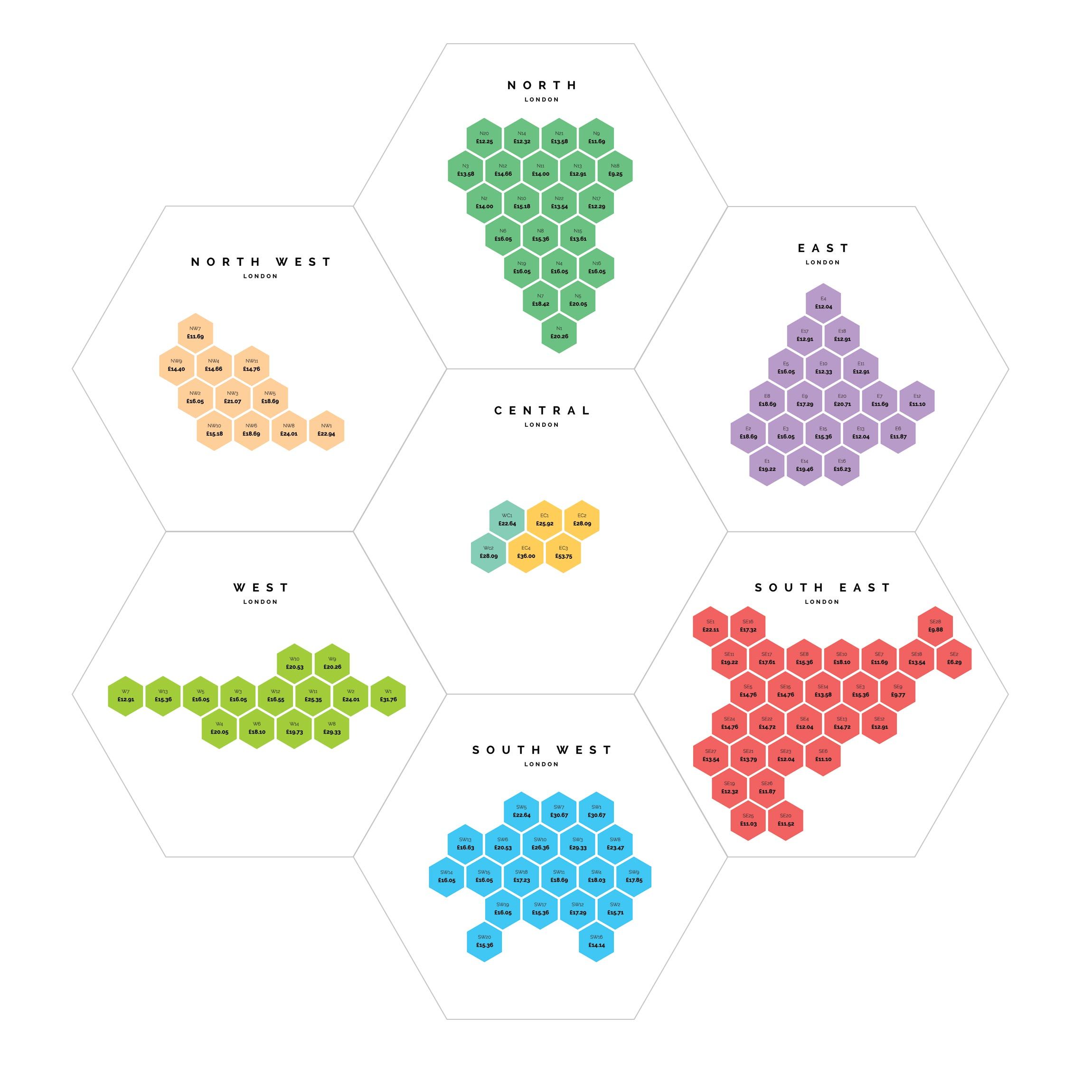 Graphic map of London postcodes and the minimum hourly wage needed to afford a one-bed rental