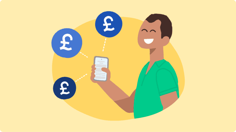 Man holding a phone with pound signs in bubbles