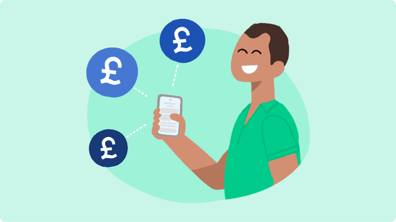Man holding a phone with pound signs in bubbles