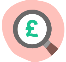 Magnifying glass with a pound coin on a pink background