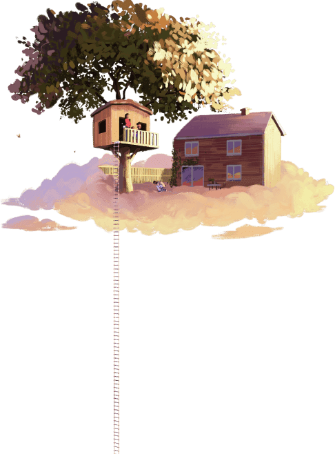 An illustration of a dream home on a cloud with a ladder 