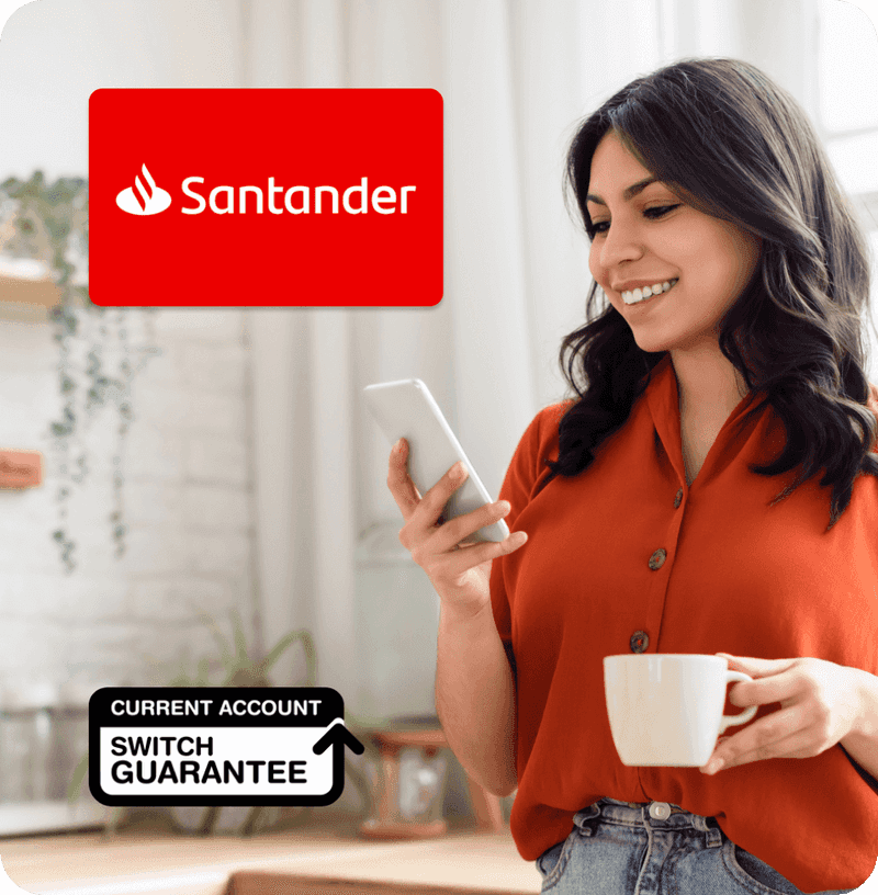 Happy person looking at phone with santander logo and switch guarantee logo