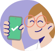 Person holding phone which is showing a tick, on a purple background