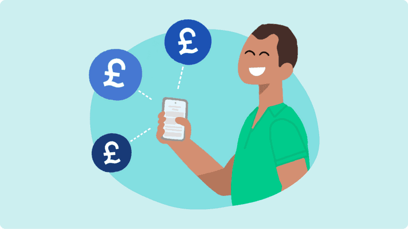 Man holding a phone with pound signs in bubbles