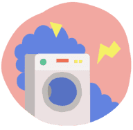 Broken washing machine on red background