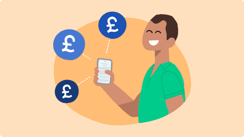 Man holding a phone with pound signs in bubbles