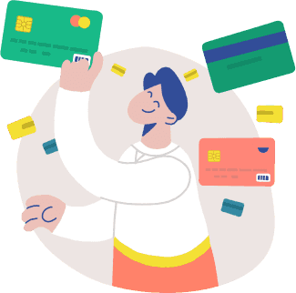 An illustration of a happy person surrounded by credit card offers